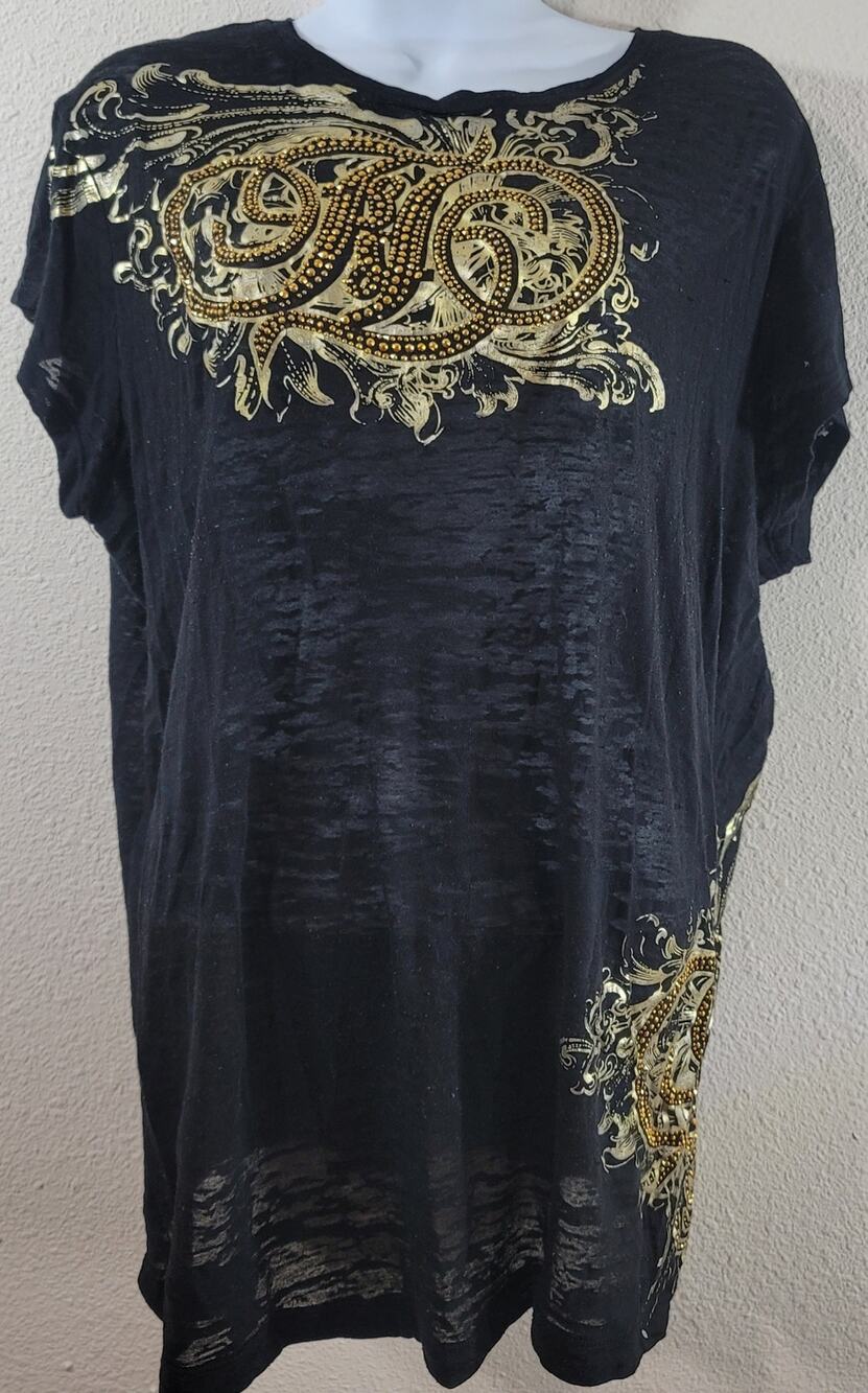 Fabulosity Black Gold Metal Studded Bodice Burnout Material Top 2X Lightweight